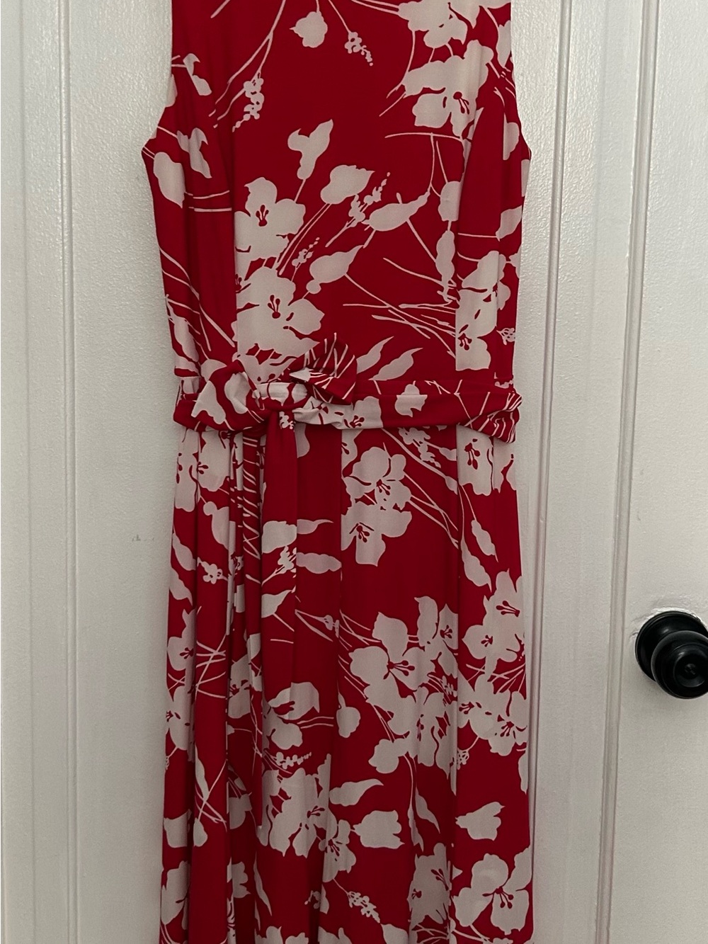 Chaps Red and White Floral Dress with Tie Waist